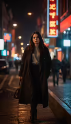 a woman walking on a city street at night