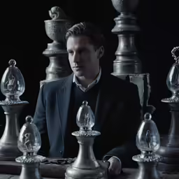 a man sitting at a table near glass goblets