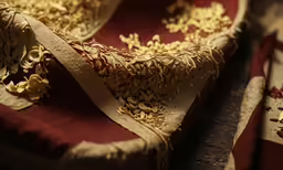 a red velvet cushion on the floor with dry seeds scattered