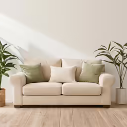 a couch and two plant in a room