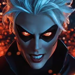 the villain with blue hair and orange glowing eyes