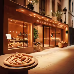 bread is laid out on the pavement outside of a bakery