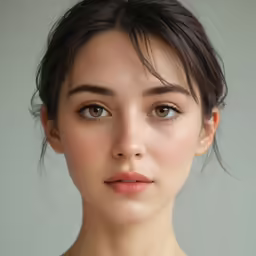 a woman with dark hair and green eyes stares straight ahead
