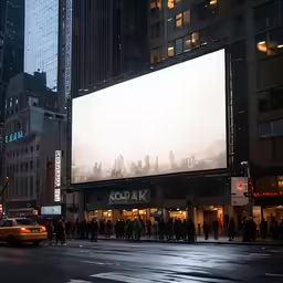 a city street has large billboards in the center
