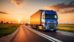blue semi truck driving down an empty highway at sunset,a tractor trailer on the road at sunset