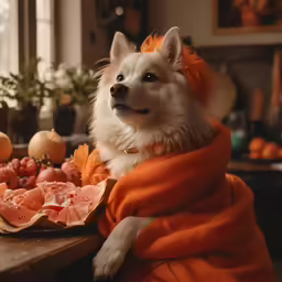a dog wearing an orange scarf sitting in front of a table with fruit