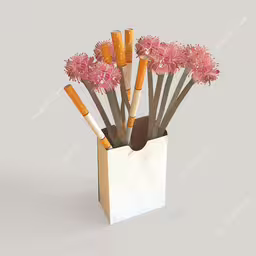 three flowers sticking out of a bag full of pens,flowers and plants sitting in a vase that looks like cigarettes