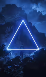 two people standing next to each other near a triangle