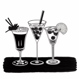 three glasses with alcoholic beverages illustration,a group of three glasses that are filled with some drinks