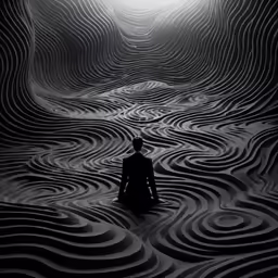 man sitting alone in dark surreal space looking at light