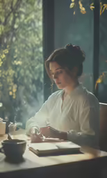 a woman is sitting in front of a laptop