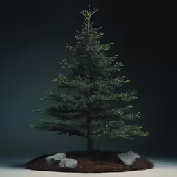 a small evergreen tree is growing on a small rock