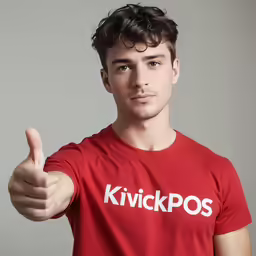 a young man wearing a red shirt thumbs up