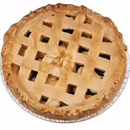an apple pie sits on a platter, ready to be eaten