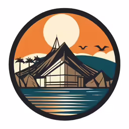 a round badge with seagulls flying above the ocean and a sun setting behind it