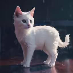 white kitten standing on shiny surface with a blurry background