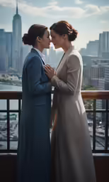 two women in long dresses stand close to each other in front of a city skyline