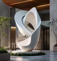 an artistic architectural sculpture is pictured in a lobby