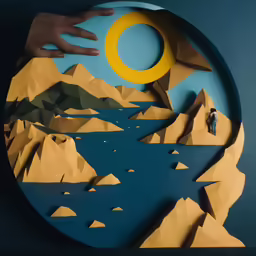 a circular plate with a landscape on it and a hand on the back