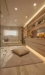 a living area with a beige couch and a beige rug