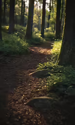 a trail in the middle of a green forest