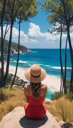 a woman with a large hat sitting on the cliff overlooking the beach