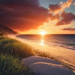 the sun sets behind clouds over the beach