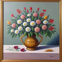 painting of flower arrangement in antique vase with red and white flowers,the painting is showing a vase full of flowers
