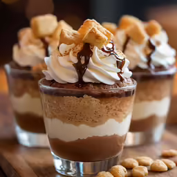 two dessert cups on a wooden cutting board
