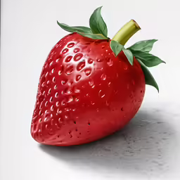 a large strawberry with green leaves on the top