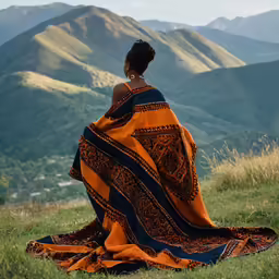 a woman sitting on top of a lush green hillside