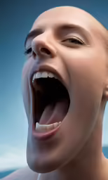woman with open mouth, on the water with blue background