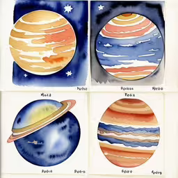 four planets painted on different shapes and sizes,a diagram of the planets in space