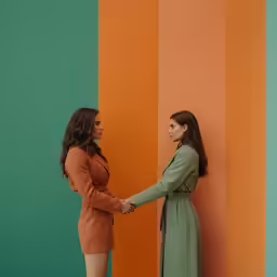 two women are shaking hands in front of colorful walls