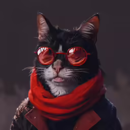 a cat with red glasses and a scarf
