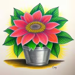 drawing of an artistic red flower in a pot,a drawing of a large, pink flower in a pot,an oil - colored drawing of a large pink flower,this is a drawing of a flower on a white paper,an image of a pink flower painted on paper
