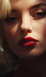 a woman with red lips looks up into the air