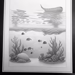 a black and white drawing of an ocean scene with pebbles and fish,a drawing of a sea with lots of bubbles and pebbles,black and white drawing of fish on a sea surface,a drawing on paper of a seascape with corals and fish,a drawing of water with fish, corals, and bubbles