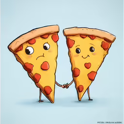 two pieces of pizza that have eyes drawn on one and both hands together
