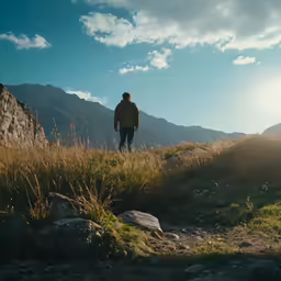the lone man looks into the distance as he stands on a grassy hill