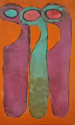 three figures on an orange background