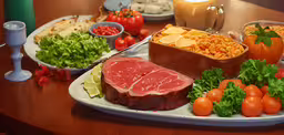 various different meats and chips on a table,plates of raw meat and some salads