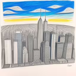 a drawing of new york in a city at night,this drawing shows an urban cityscape that has blue clouds in the sky and on a yellow and blue sky
