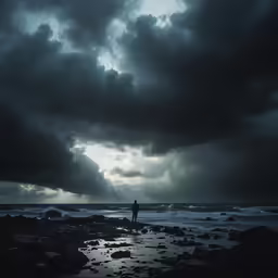 person standing on rocky shore under dark storm clouds
