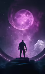 the silhouette of a man with a shovel looking out at the stars and moon