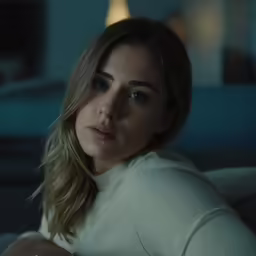 a beautiful woman sitting down with blue eyes