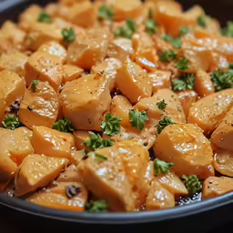 there are chunks of brown food in a frying pan