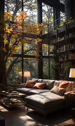 a large sectional sofa and coffee table are sitting in front of tall windows