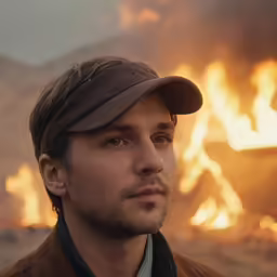 a young man with a baseball cap looks to the side while standing in front of a fire