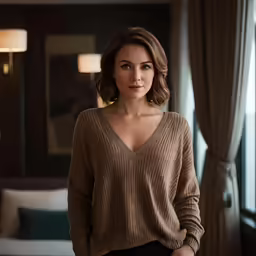 woman standing in front of a window wearing a sweater